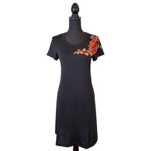 NWT ZEELA Black TShirt Midi Dress with Rose Embroidery
